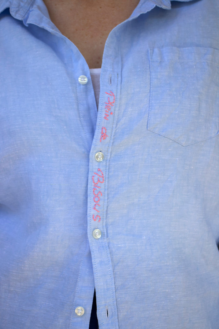 BISOUS BLUE LINEN PINK EMBROIDERY